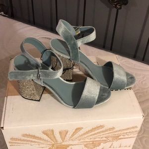 Blue velvet sparkle block heels